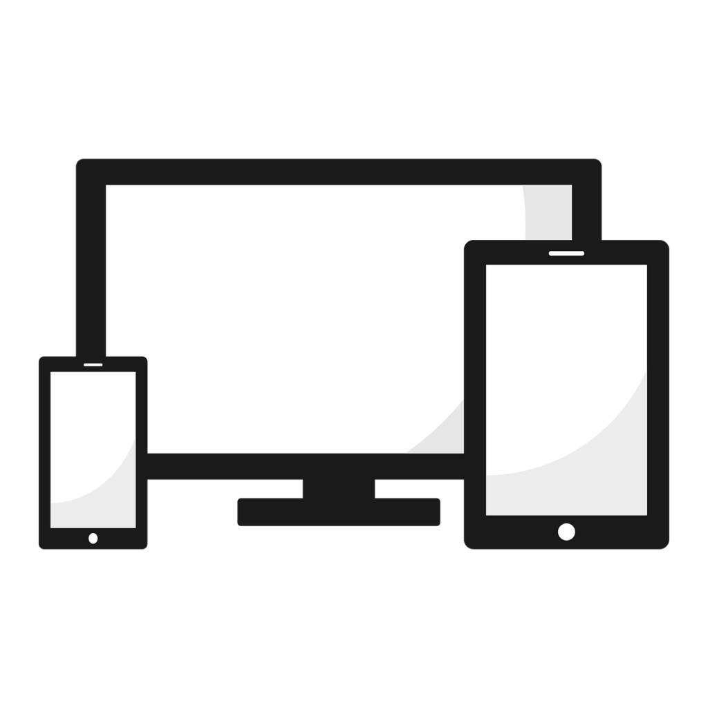 a greyscale drawing showing a smartphone, a monitor, and a tablet